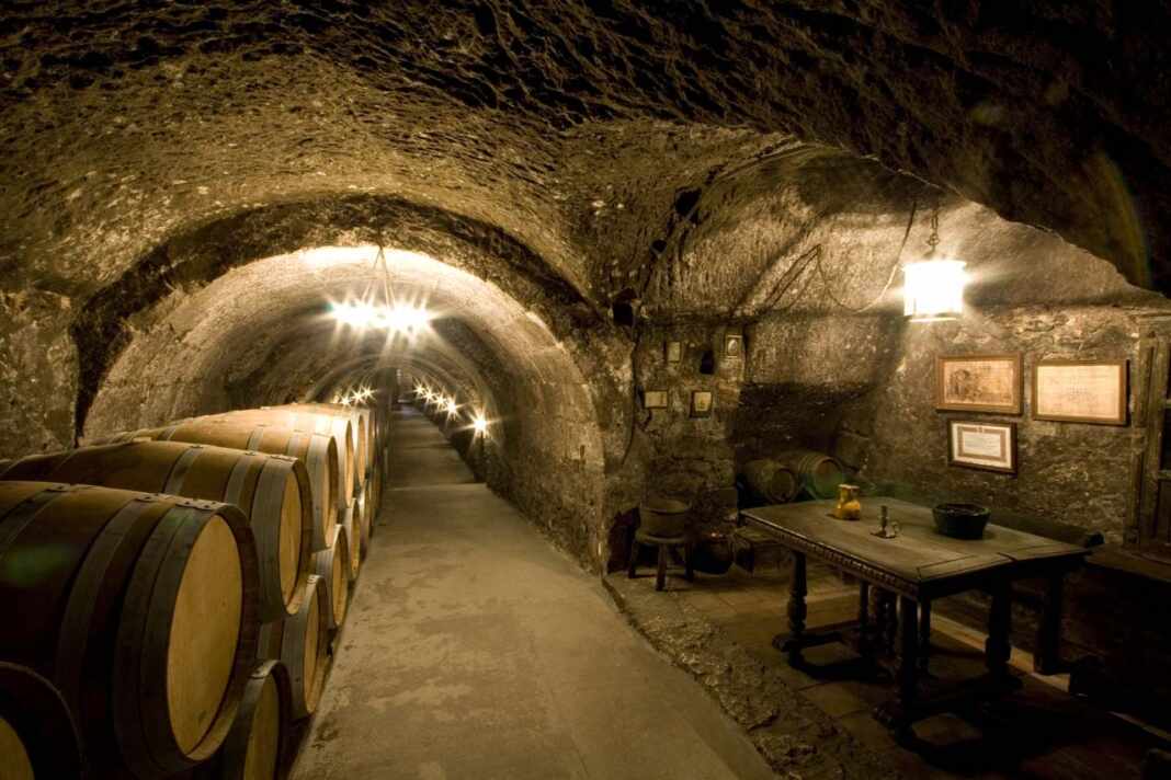 Túnel de bodega subterránea con barricas en la Ribera del Duero, Burgos.