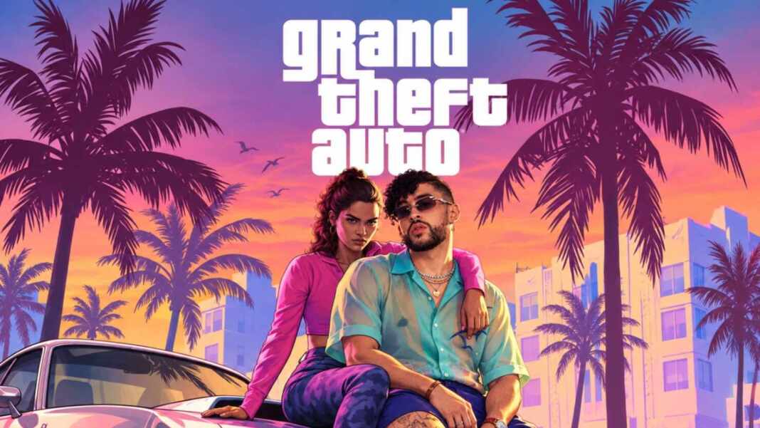 Ilustración de Bad Bunny en GTA 6 al estilo de la portada del juego