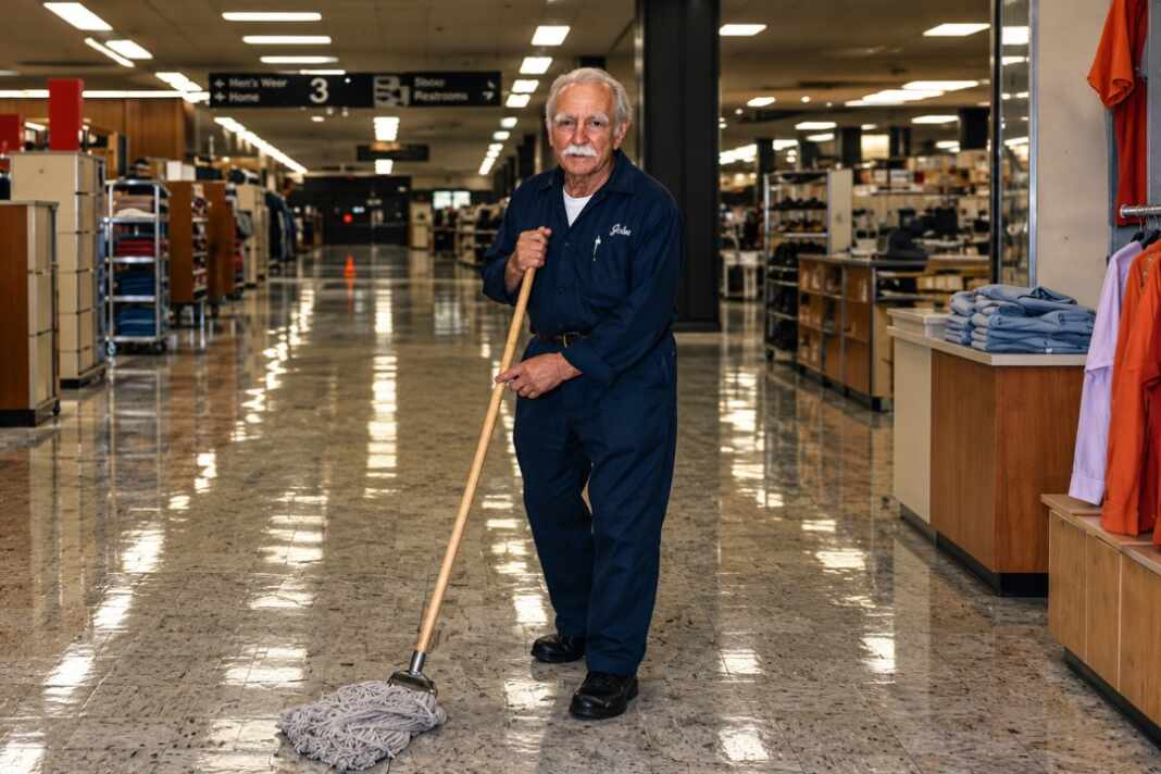 Conserje mayor trapeando el piso de una tienda por departamentos, imagen ilustrativa sobre el conserje millonario