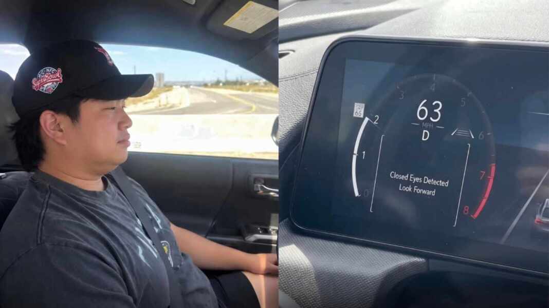 Un conductor despierto al volante de un Lexus mientras el tablero muestra la alerta de ojos cerrados detectados a 63 mph
