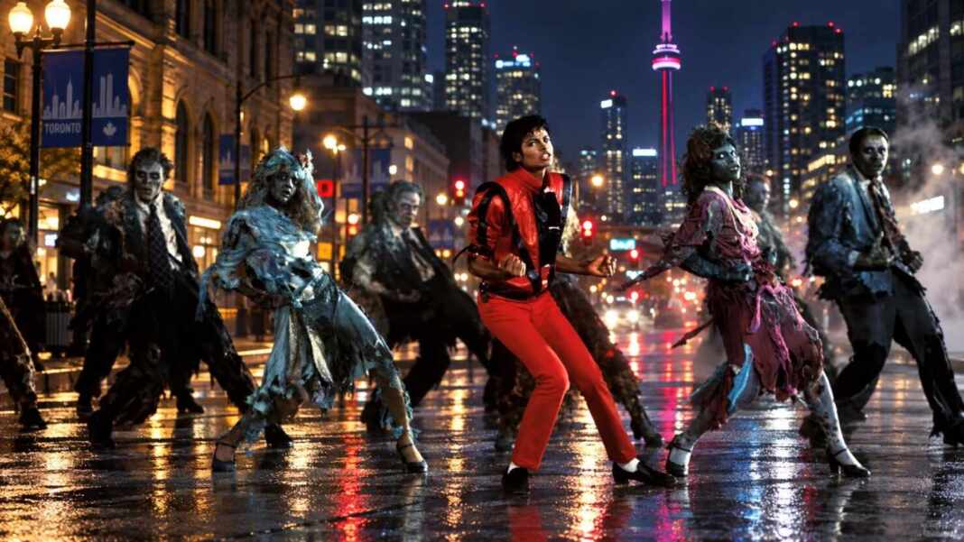 Bailarines caracterizados como zombis en una calle de Toronto, inspirados en Thriller