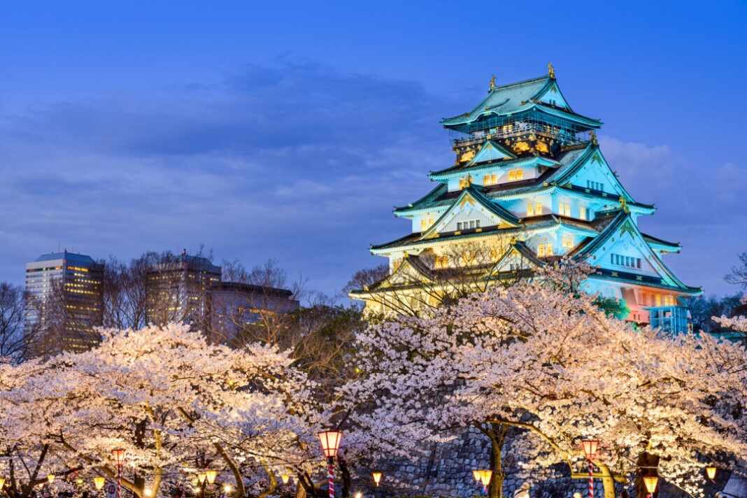 Castillo de Osaka con cerezos en flor, en Japón, país del voluntariado en Japón en un hotel de esquí